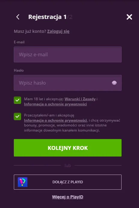 Formularz rejestracji w Malina casino